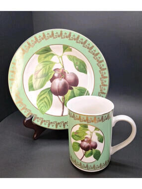 Royal Fruit  American Atelier Green Gold Plums Porcelain Mug Lunch Plate